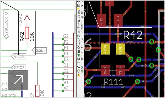 User interface in EAGLE displaying a side-by-side view of design schematic and layout